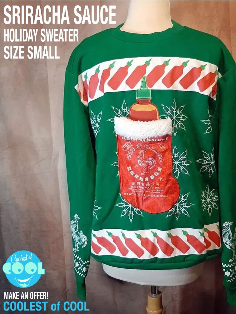 Sriracha Ugly Christmas Sweatshirt Hot Chili Sauce Sweater Green unisex Small